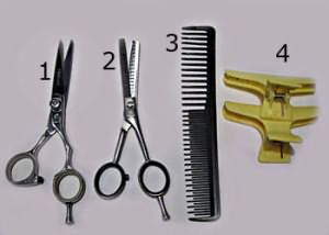 Необходимые инструменты (прямые ножницы, филировочные ножницы односторонние, расческа с редкими и широкими зубчиками, зажим)