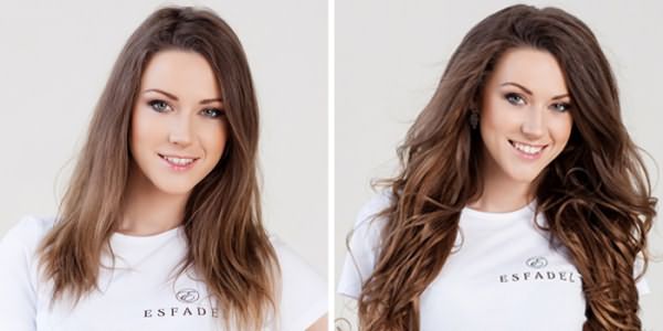 Прическа у девушки до и после применения накладных волос