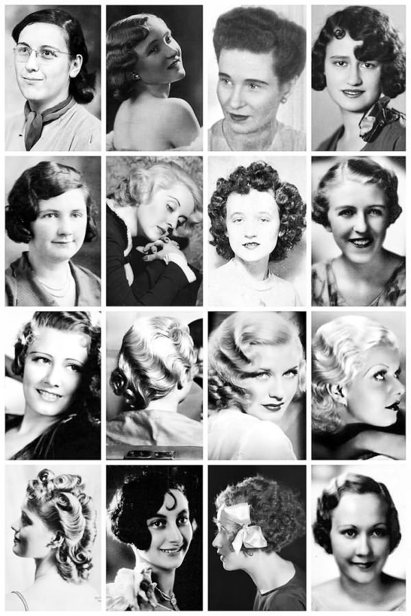1930s Hairstyles | A collection of 1930’s photographs, depicting some of the hairstyles of the time, like the perm, softwave bob and the coxcomb curls, and one lady even sporting a boat ornament on her head.