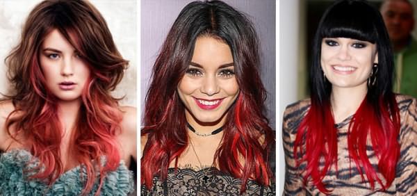 Красный градиентный переход на темных волосах